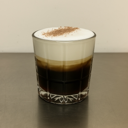 Layered coffee with frothy top in glass.