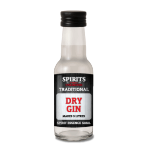 Traditional dry gin essence bottle, 50ml size.