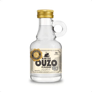 Small clear bottle with anise ouzo label.