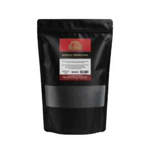 Maple charcoal packaging, black bag, red label.