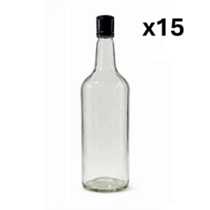 Clear glass bottle with black cap, pack of 15